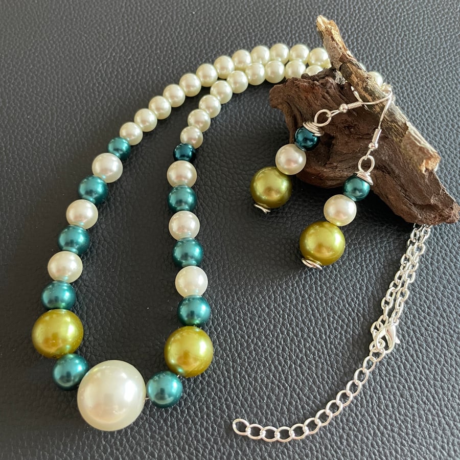Ivory, Teal and Green Faux Pearl Necklace and Earrings Set