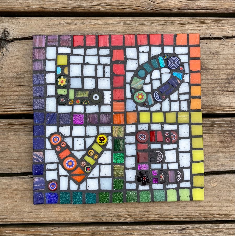 Mosaic Square LOVE wall hanging in rainbow colours.