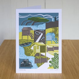"Beach Huts" greetings card, blank inside