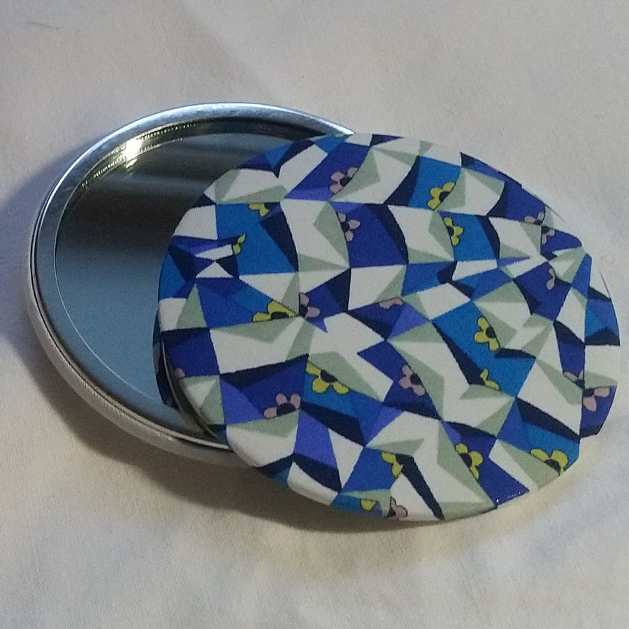Blue and White Patterned Fabric Backed Pocket Mirror 