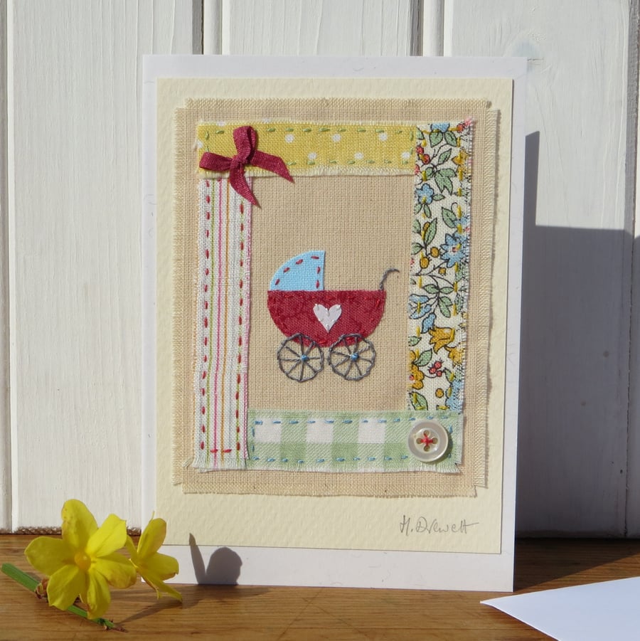 Little pram embroidery on card to welcome a new baby, boy or girl