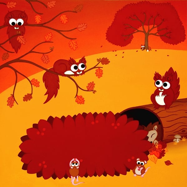 Autumn Animals 12" Print - seasonal landscape art with cute red squirrels