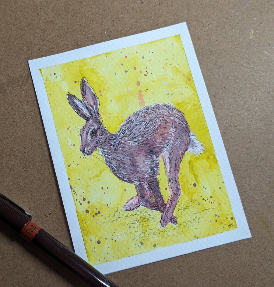 Gouache illustration of a running hare