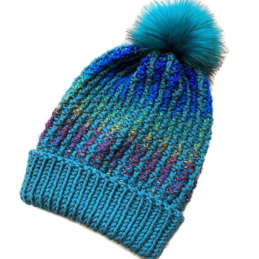 Hand knitted Adult beanie hat with faux fur pompom in Teal