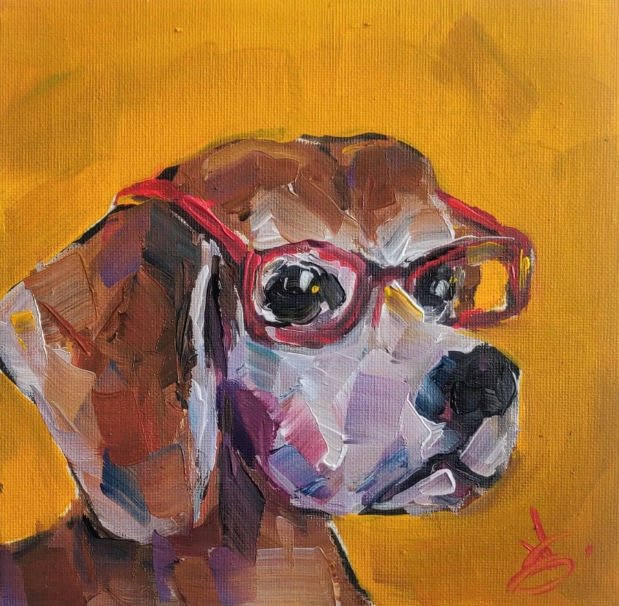 Beagle With Glasses Oil Painting 
