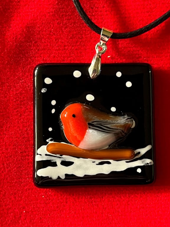 Bespoke Handcrafted Christmas Robins Pendant on Adjustable Black Necklace