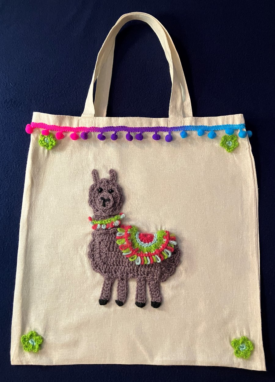 Llama Canvas Tote Bag with pom-pom trim and Bright Green flowers