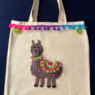 Llama Canvas Tote Bag with pom-pom trim and Bright Green flowers
