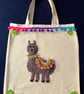 Llama Canvas Tote Bag with pom-pom trim and Bright Green flowers
