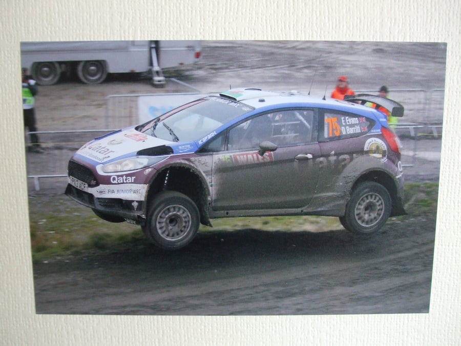 Photographic greetings card of Elfyn Evans in a Ford Fiesta R5 WRC2.