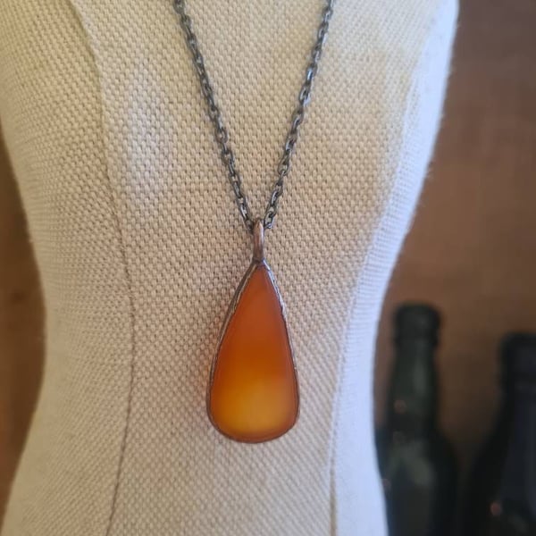 Carnelian copper electroformed teardrop pendant, July birthstone gemstone neckla