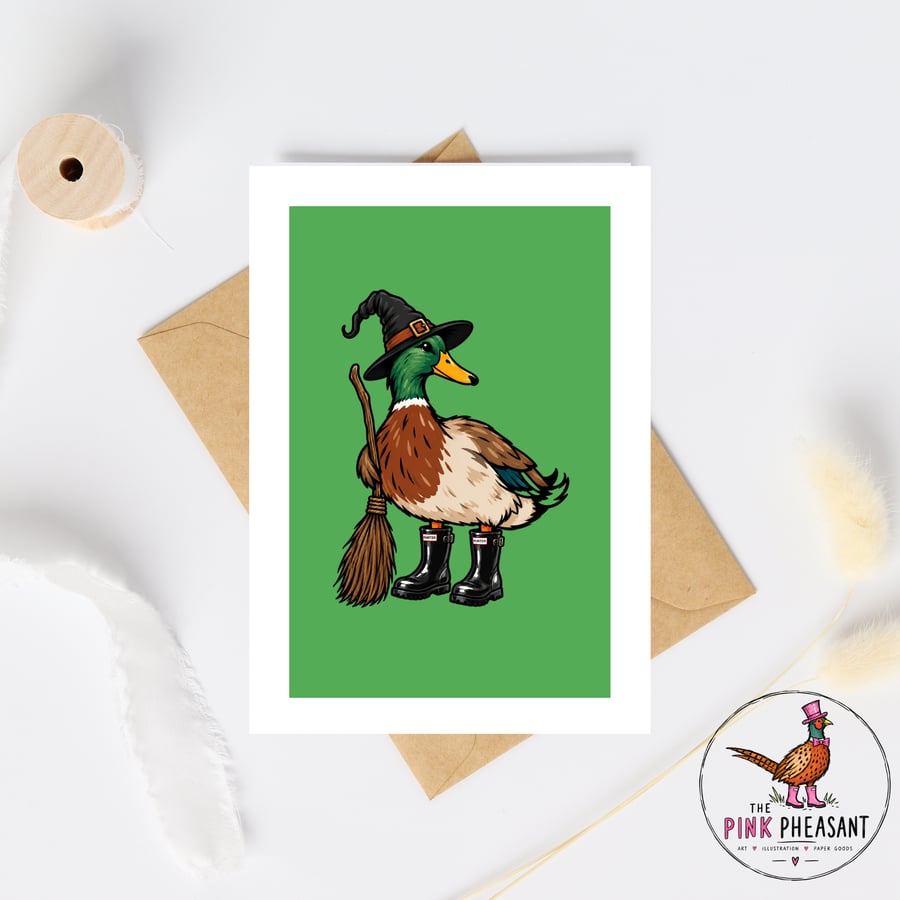 Halloween Duck Card - Witch Duck in Wellies - Funny A6 Halloween Greetings Card