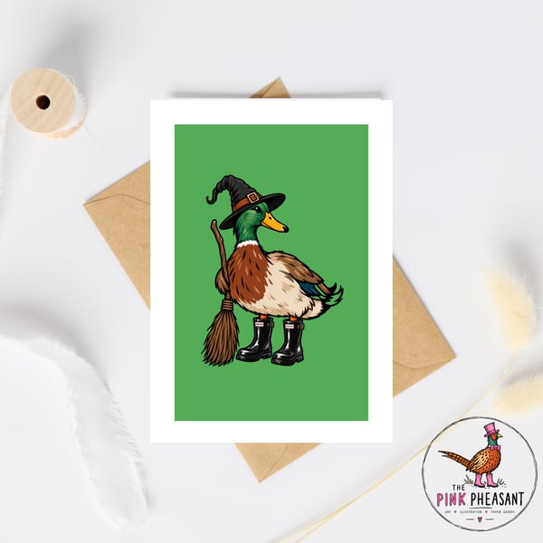 Halloween Duck Card - Witch Duck in Wellies - Funny A6 Halloween Greetings Card
