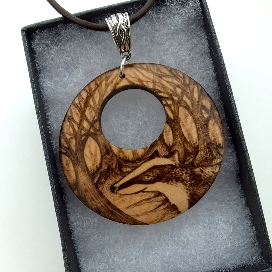 Beautiful badger pendant. Circular wooden pyrography pendant. British wildlife