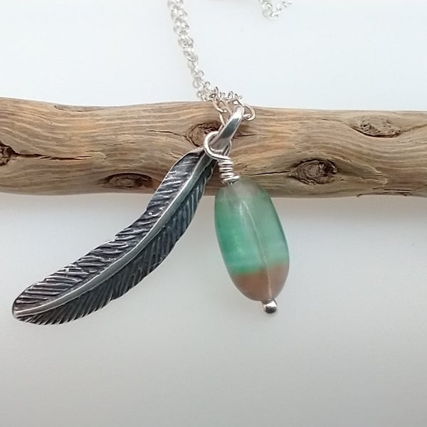 Silver Feather and Rainbow Fluorite Necklace - Free UK P&P