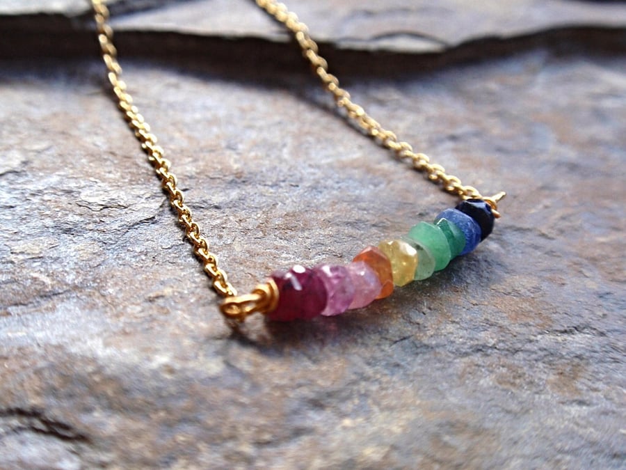 Rainbow gemstone necklace with gold filled chain, with ruby, sapphire, emerald