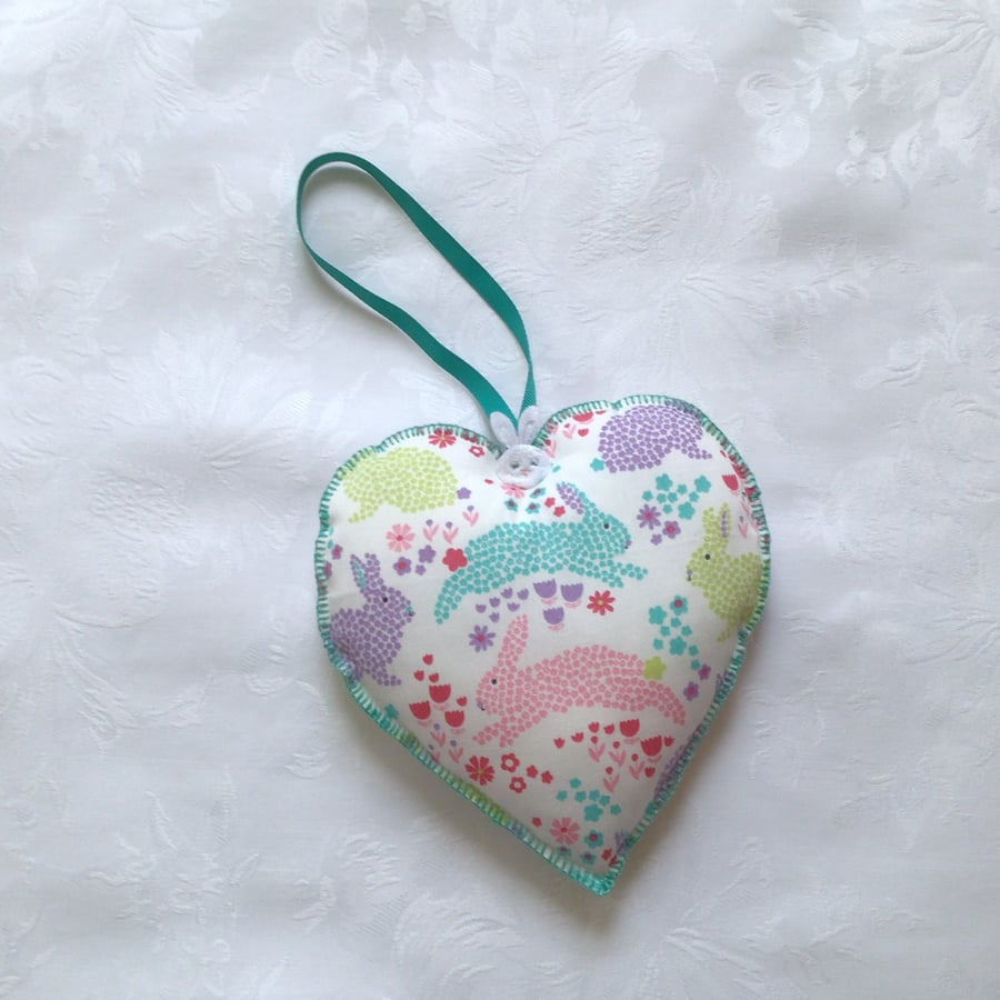Fabric hearts, Easter decor, nursery, rabbits, hand stitched, multi coloured,