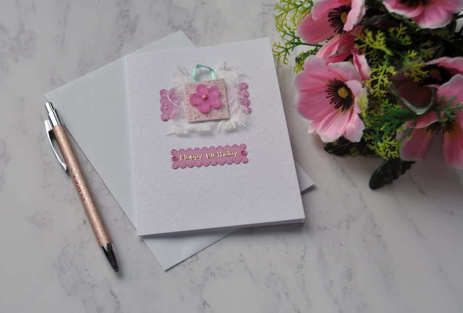 Birthday Card Pink Flower Gift Bag 3D Luxury Handmade Mixed Media Card