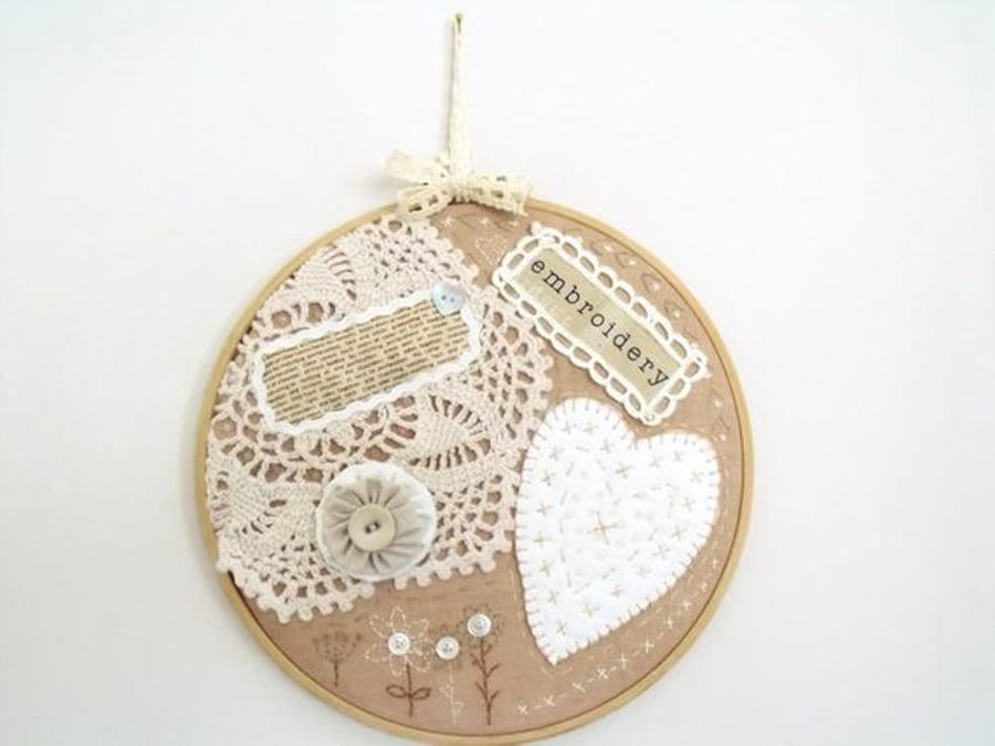 beige cottage chic vintage style mixed media hoop art wall hanging
