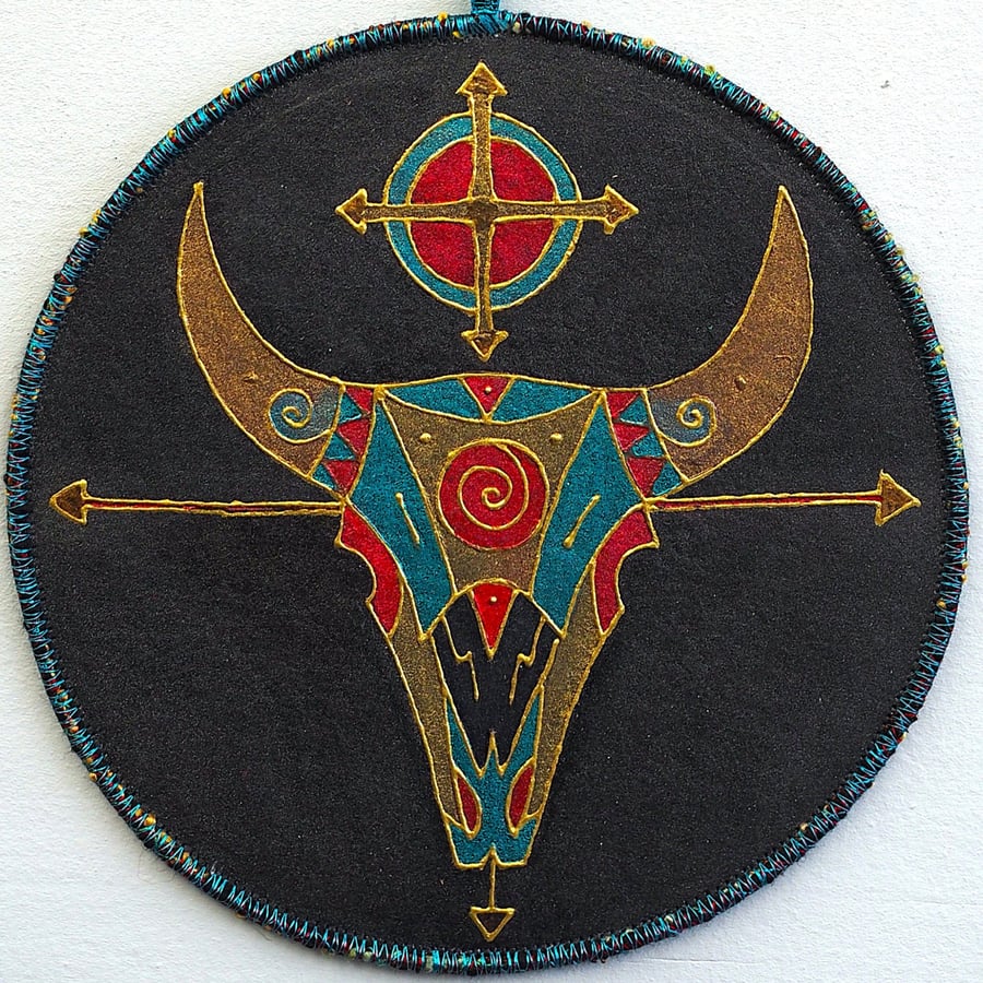 Image of BTM008 - Buffalo Skull Totem Mandala-17.5cm diameter - Black-Turquoise-Red-Gold
