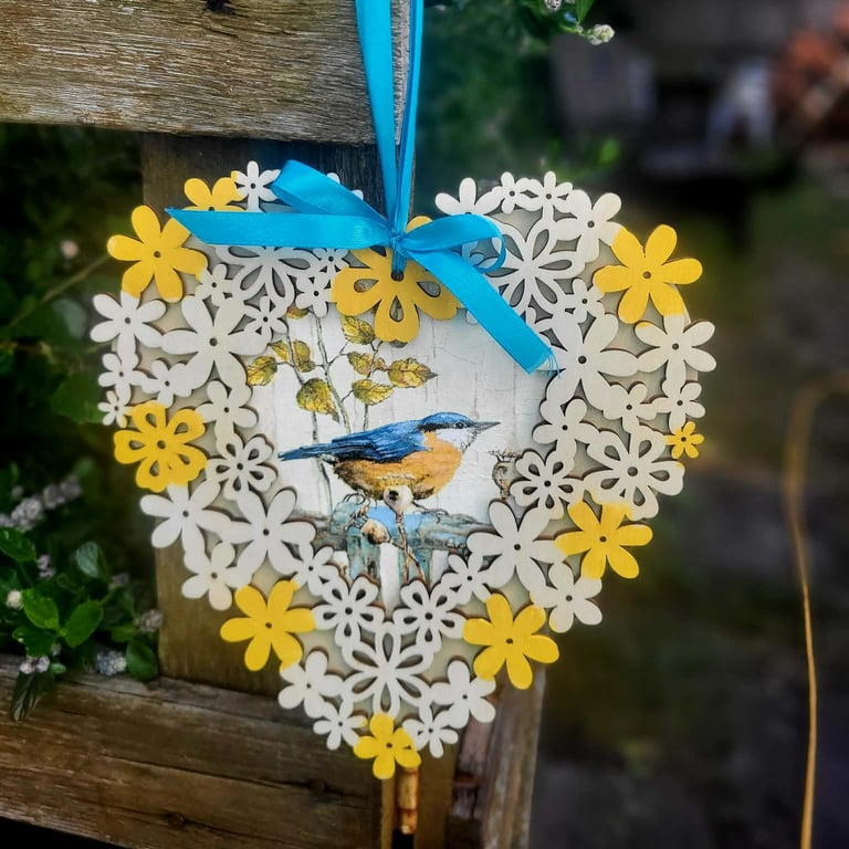 Wooden Heart Sign with Vintage Blue Bird,Yellow Blossoms Wooden Heart Wall Sign