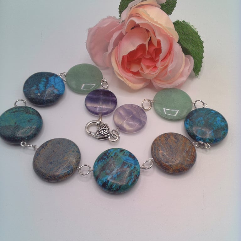 Jasper Jade & Fluorite Large Coin Bead Necklace, Gemstone Necklace, Gift for Her