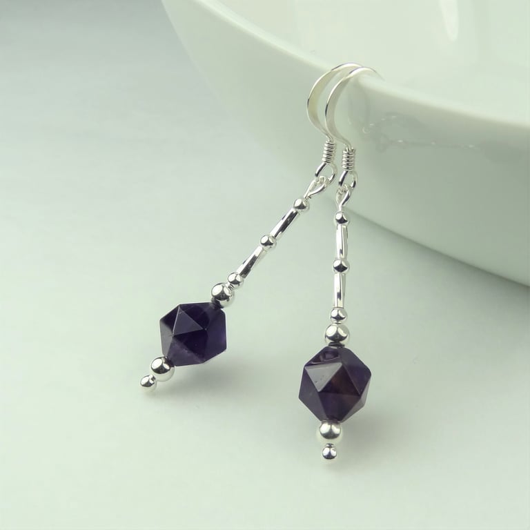 Amethyst natural stone drop earrings, sterling silver, 7mm, purple, gift box