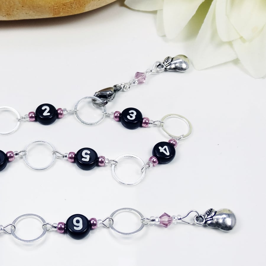 Row Counter Chain Amethyst Crystal Silver Pear Numbered 99 Row Chain Counter