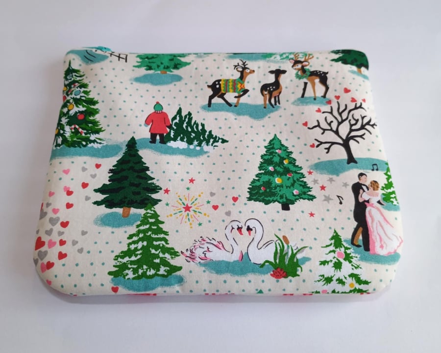 Christmas zipped pouch bag - Romantic winter scene - Dancing couple with swans