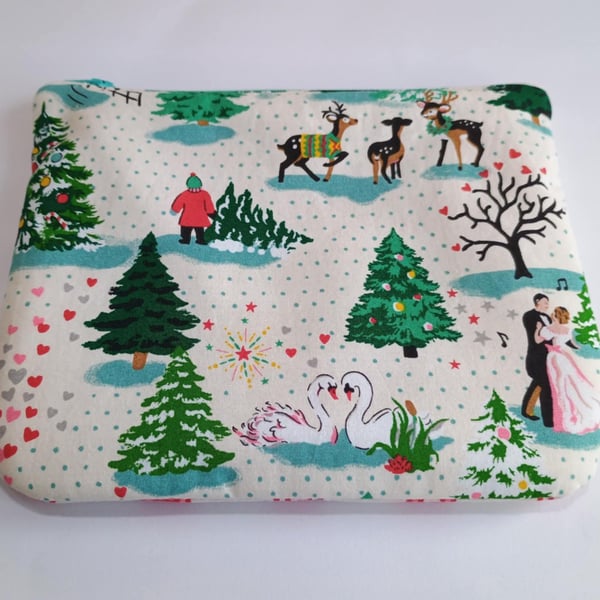 Christmas zipped pouch bag - Romantic winter scene - Dancing couple with swans