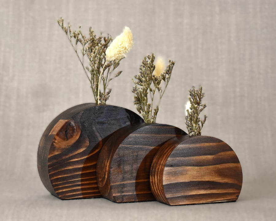 Wooden Vase Set of 3, Dried Flower Vase, Upcycled Wood Decor, Dark Oak Wood