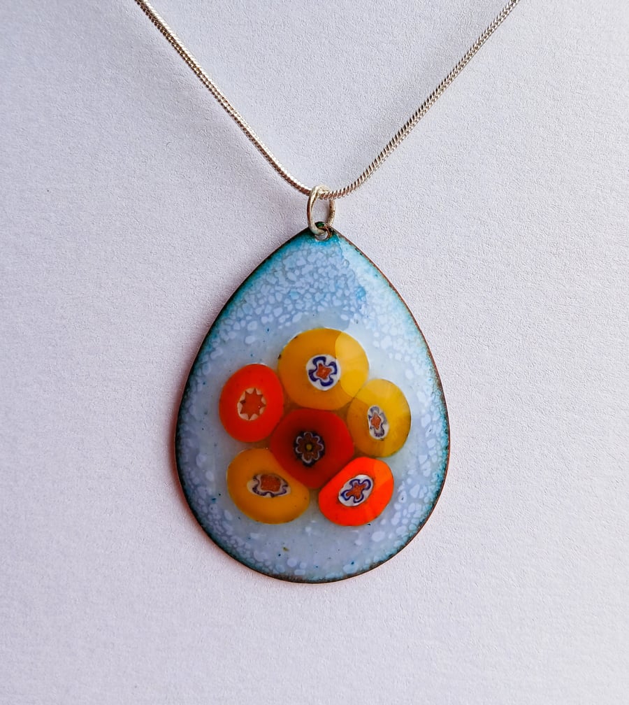 Large teardrop millefiore pendant in enamelled copper 226