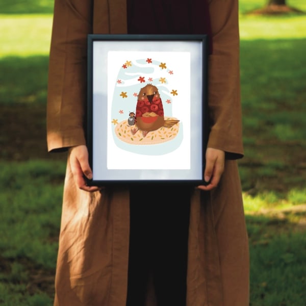 Autumn Illustrated A5 Sized Art Print Only Coco Ladybird and Bailey Robin 