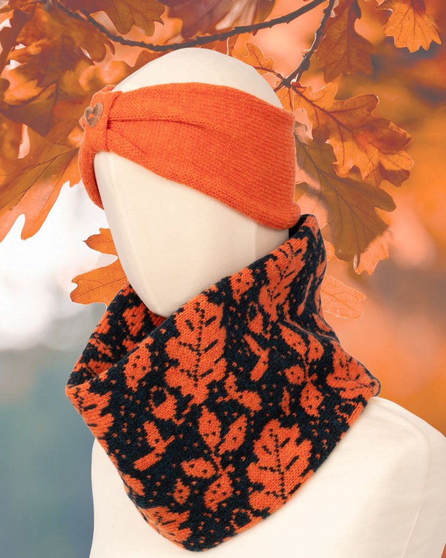 Burnt Orange & Teal Cowl. Acorns & Oak Leaves Snood. Autumn Infinity Scarf.