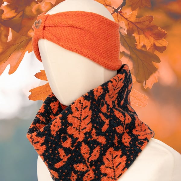 Burnt Orange & Teal Cowl. Acorns & Oak Leaves Snood. Autumn Infinity Scarf.