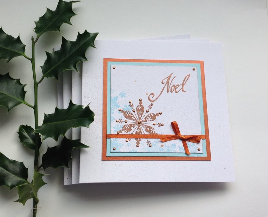 CHRISTMAS  CARDS ( pack of 4 ) 'Noel'. Snowflakes. Copper, blue. 