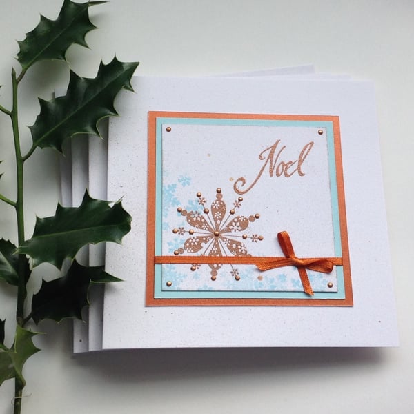 CHRISTMAS  CARDS ( pack of 4 ) 'Noel'. Snowflakes. Copper, blue. 