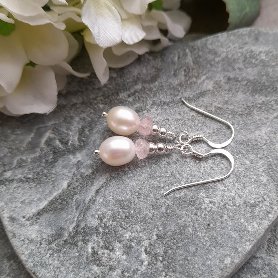 Morganite and Freshwater Pearl Sterling Silver Earrings
