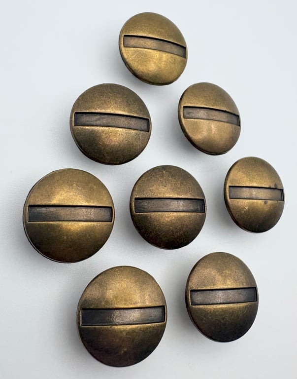 8 Metal Buttons, Central Striped Design, 15mm Wide, Old Brass Finish LARP