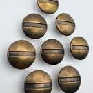 8 Metal Buttons, Central Striped Design, 15mm Wide, Old Brass Finish LARP