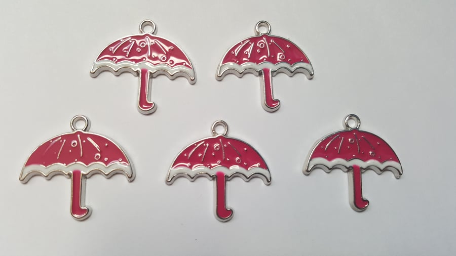 5 x Enamel Silver Plated Pendants - Umbrella - 28mm - Bright Pink 
