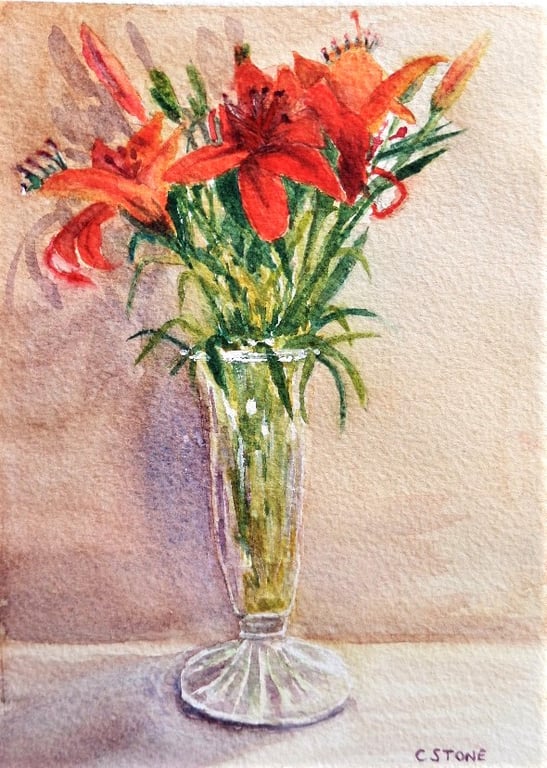 Small Watercolour Painting Red Lilies  in Glass Vase Perfectly Imperfect