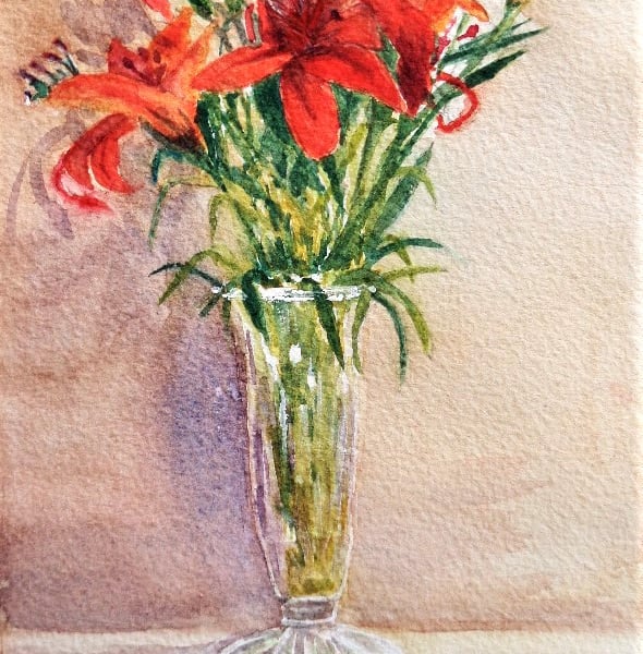 Small Watercolour Painting Red Lilies  in Glass Vase Perfectly Imperfect