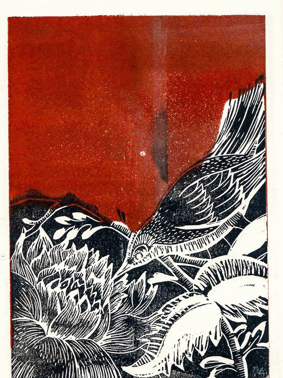 Winter bird Lino print