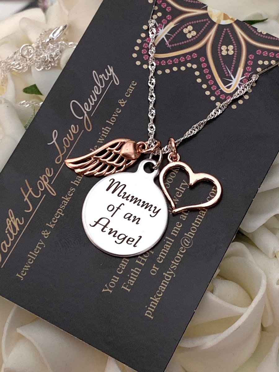 Mummy Of An Angel Pendant Rose Gold Wing & Heart On 925 Sterling Silver Chain 