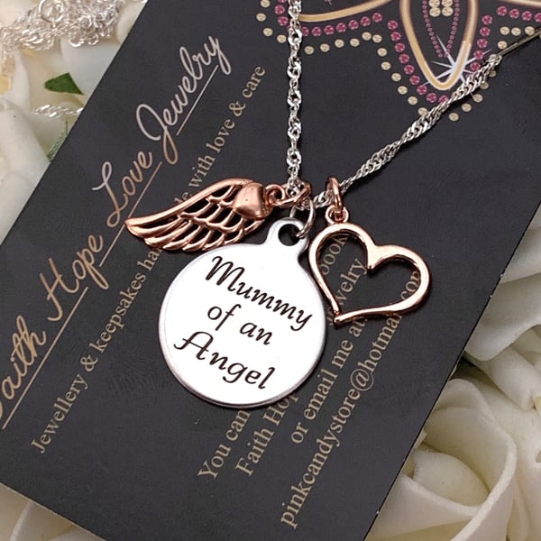 Mummy Of An Angel Pendant Rose Gold Wing & Heart On 925 Sterling Silver Chain 