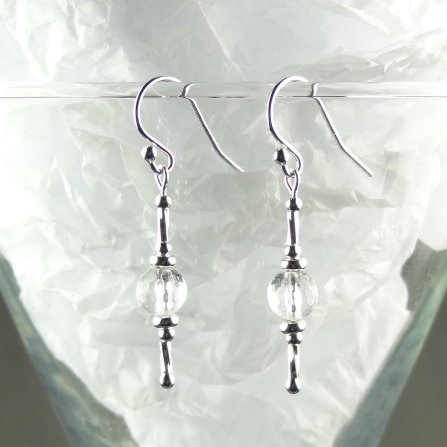 Rock Crystal natural stone drop earrings, sterling silver, 6mm, gift box