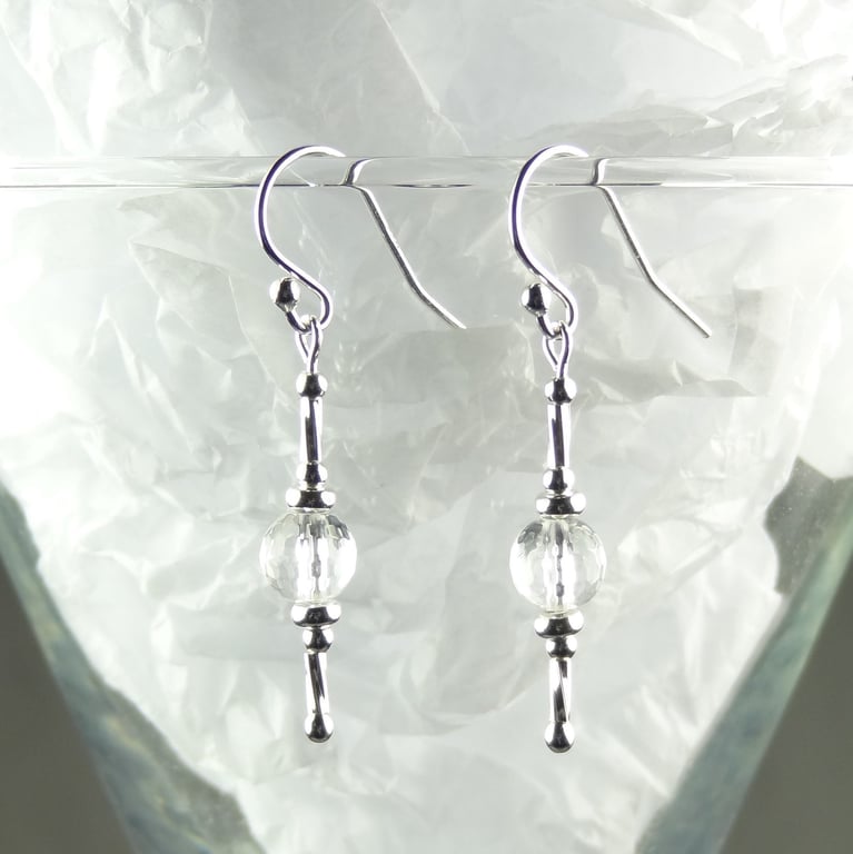 Rock Crystal natural stone drop earrings, sterling silver, 6mm, gift box