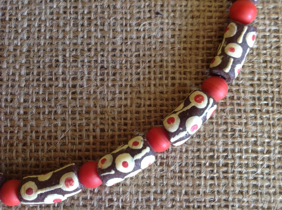 One of a kind red necklace with African recycled glass beads and handmade clasp