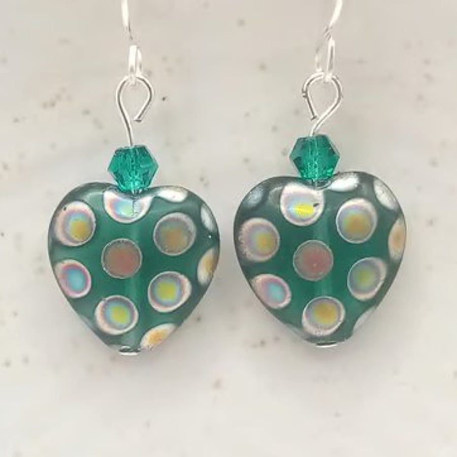 Czech Glass Heart Earrings, Peacock Amethyst Aqua Teal & Siam, Boxed Gift